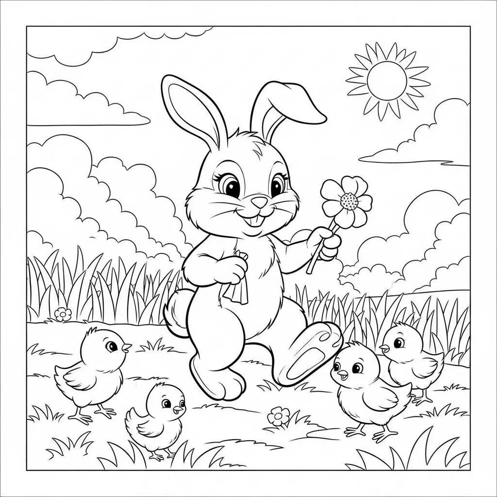 Desenho-de-Coelho-e-Pintinhos-Brincando-para-Colorir Rabbit and Chicks Playing Coloring Page