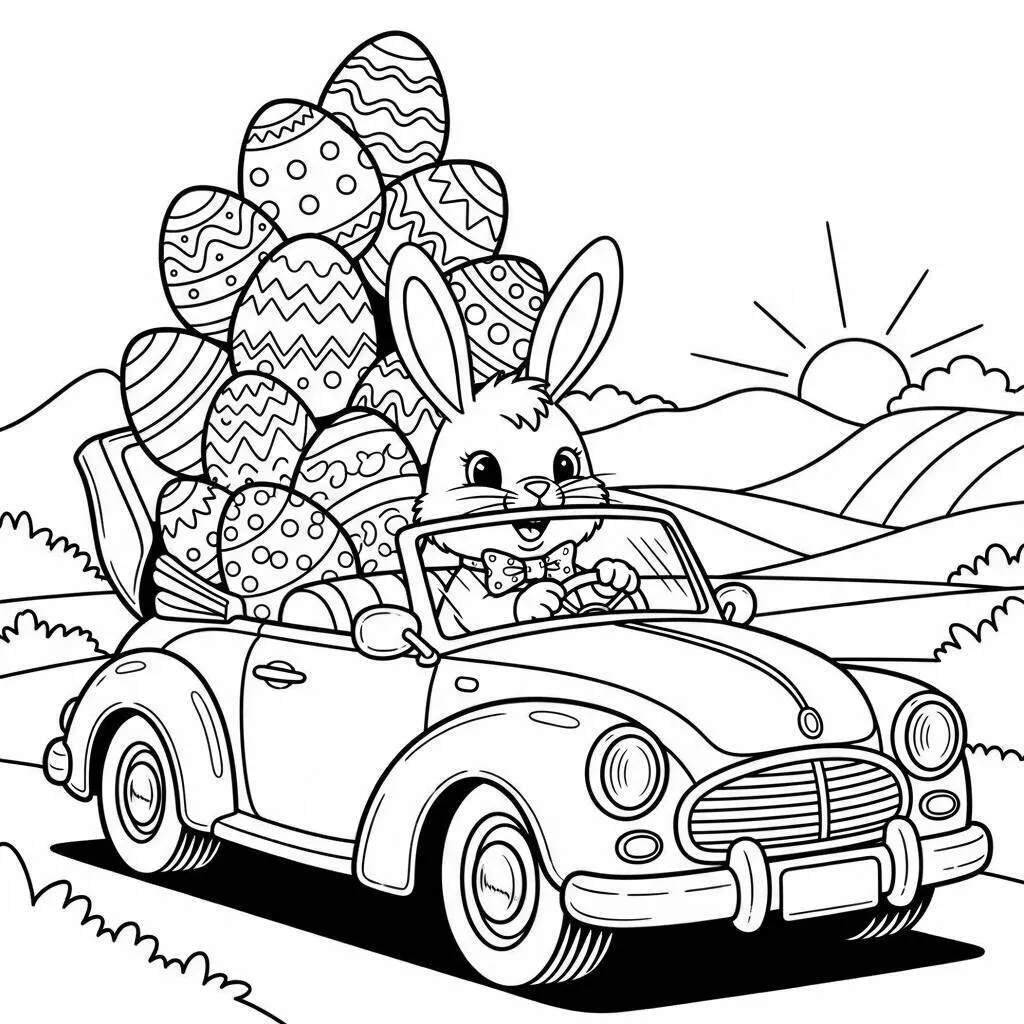 Desenho de Coelho em um Carro para Colorir