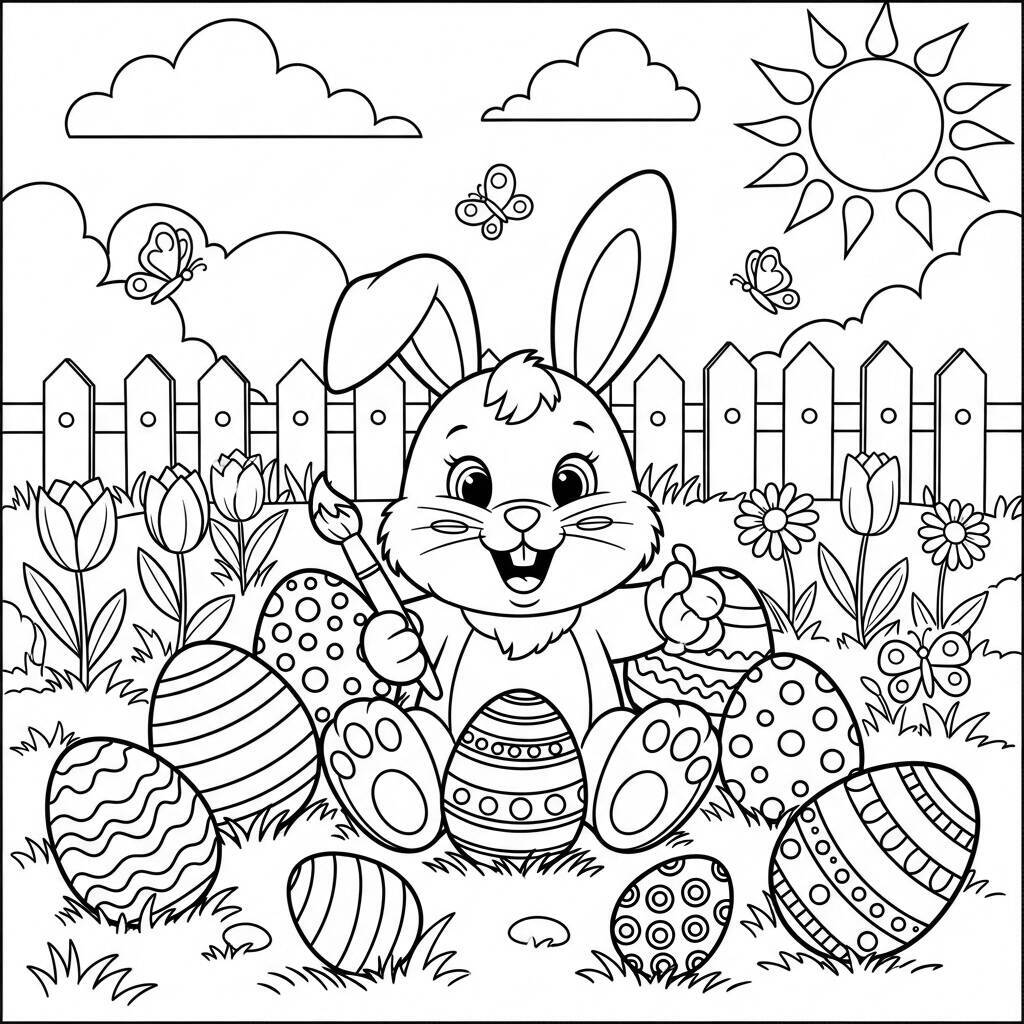 Desenho de Coelhos e Ovos de Páscoa para Colorir