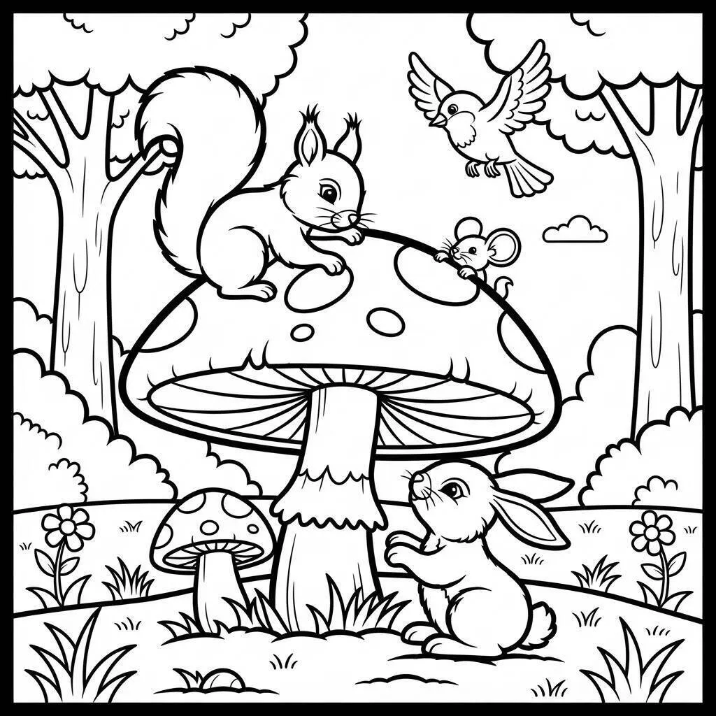 Desenho de Cogumelo com Animais para Colorir
