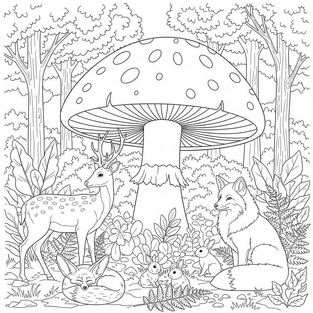 Coloriage de champignons et d'animaux de la forêt