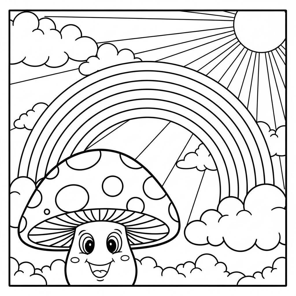 Coloriage champignon et arc-en-ciel