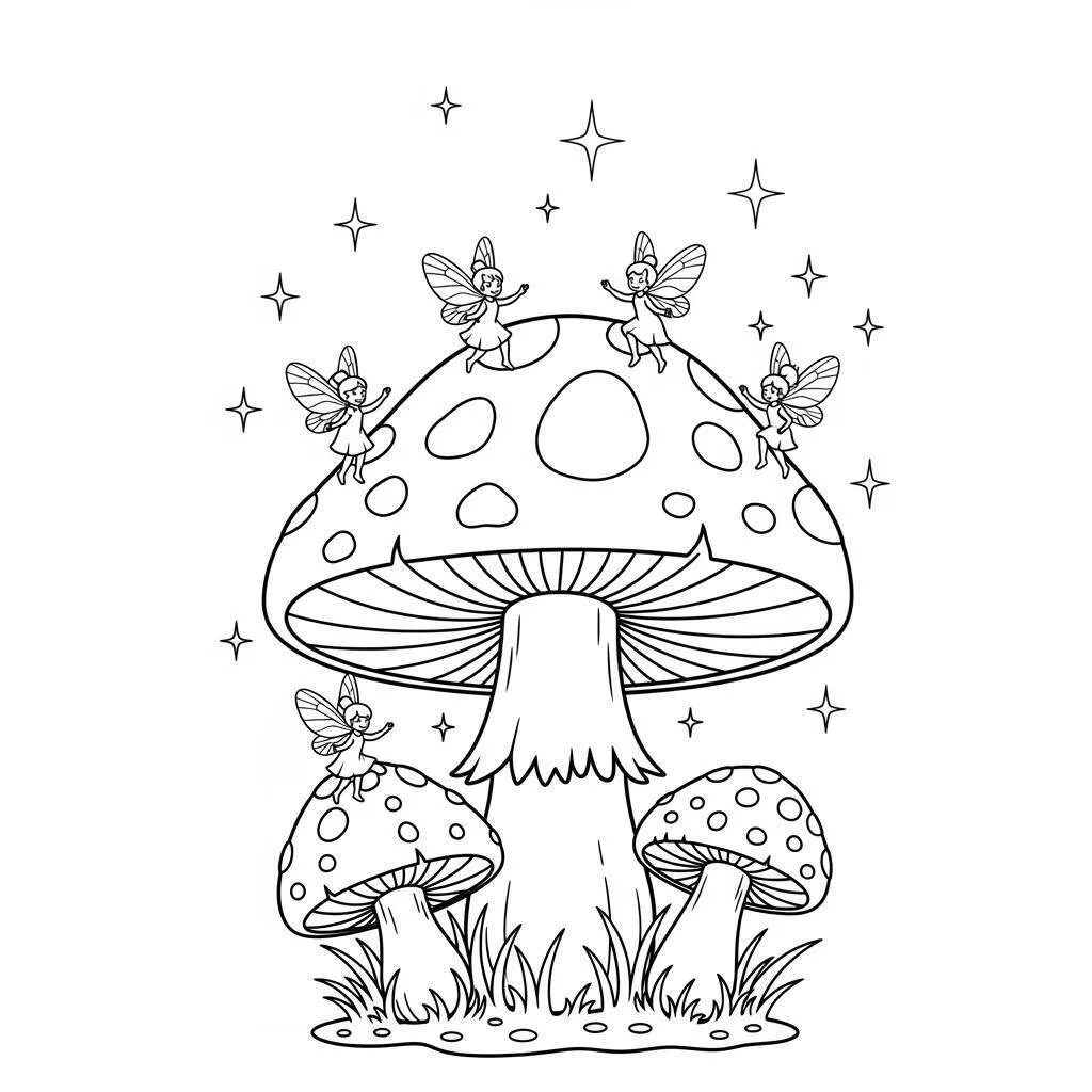 Desenho de Cogumelo e Fadas para Colorir