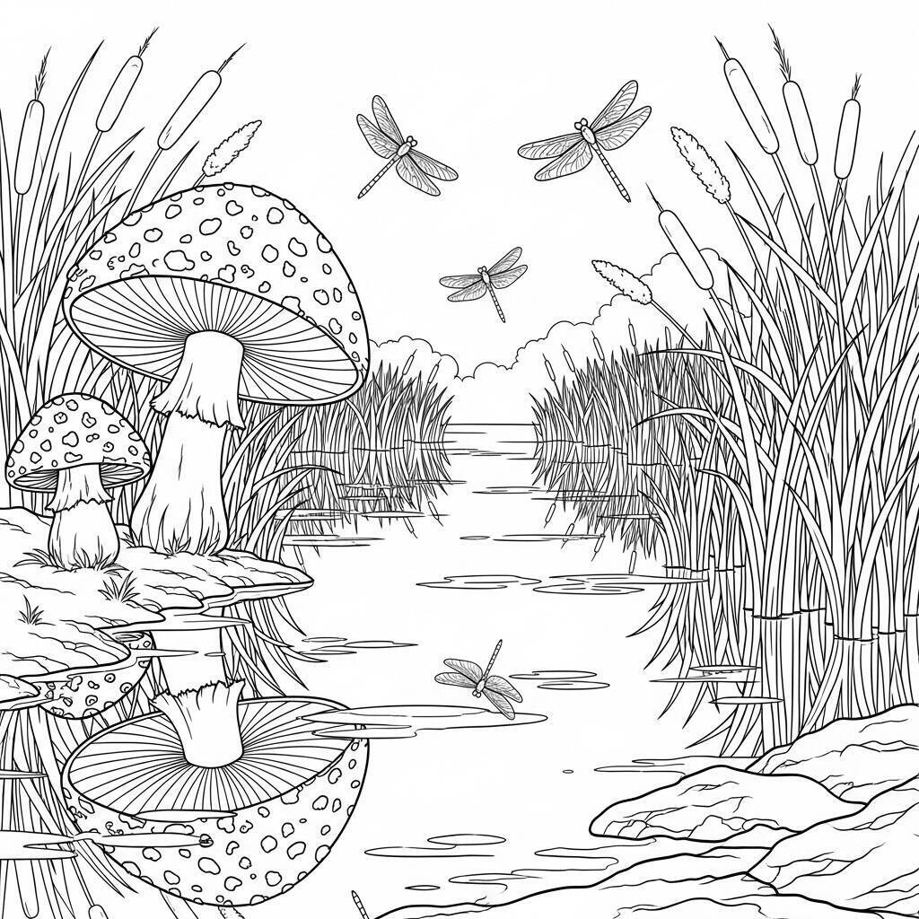 Coloriage de champignons et de lac