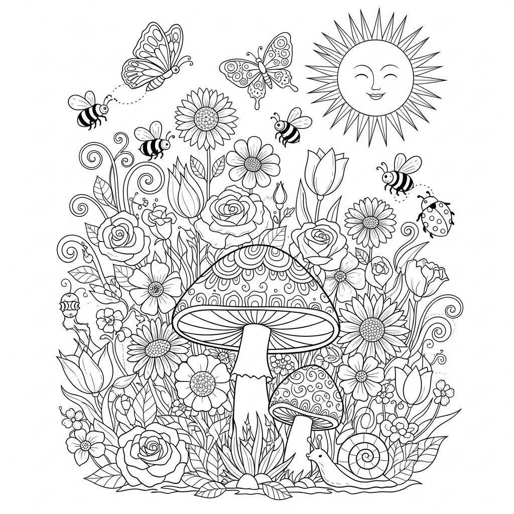 Coloriage Champignon dans un jardin