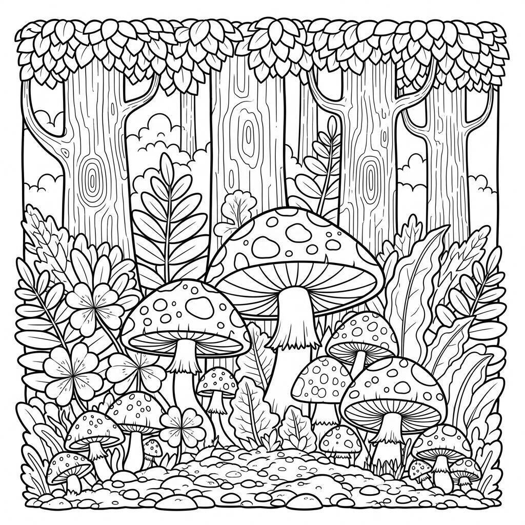 Coloriage de champignons dans une forêt