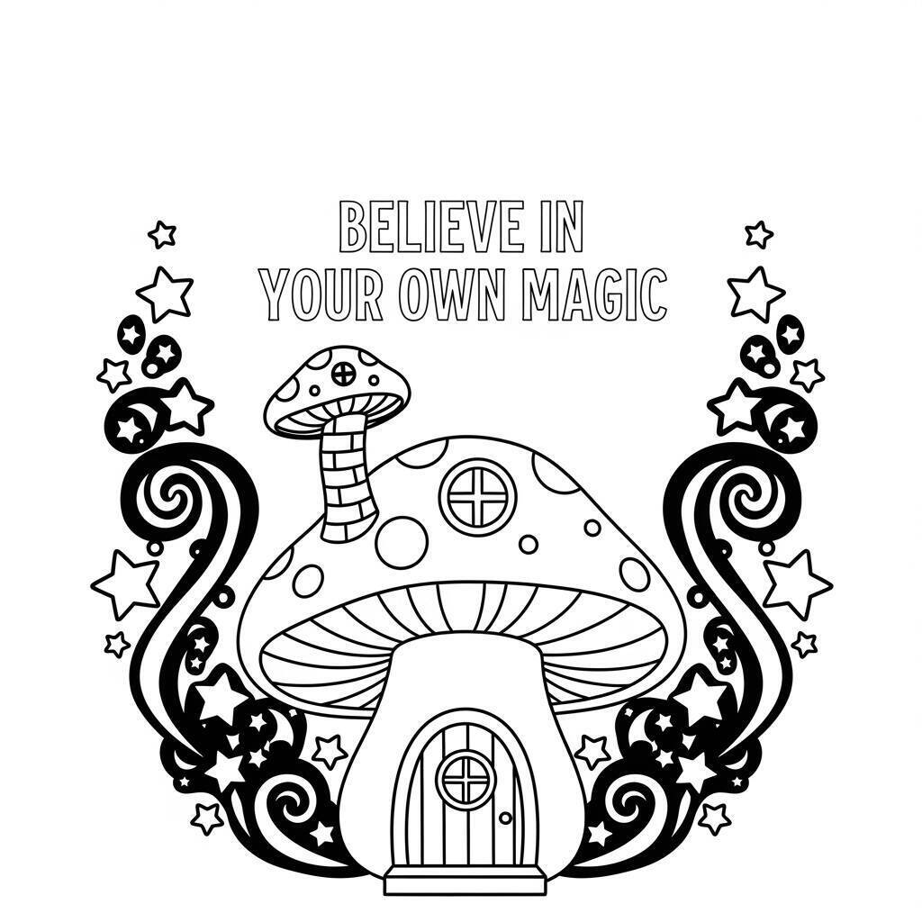 Page de coloriage de champignons avec un texte inspirant