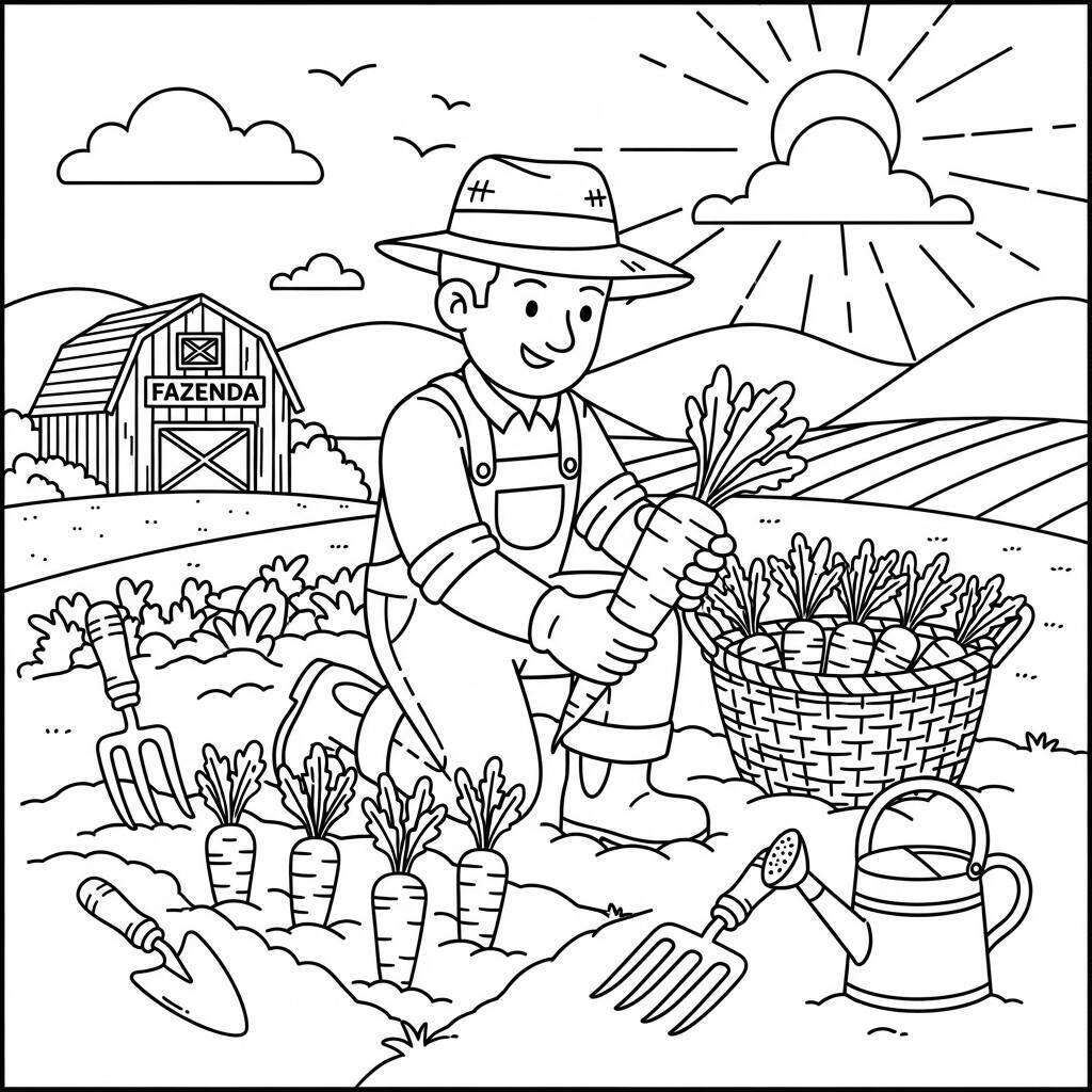 Desenho de Colheita de Cenouras na Fazenda para Colorir