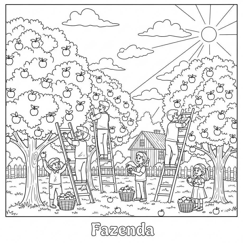 Desenho de Colheita de Maçãs na Fazenda para Colorir