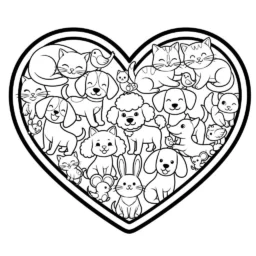 Desenho de Coração com Animais para Colorir