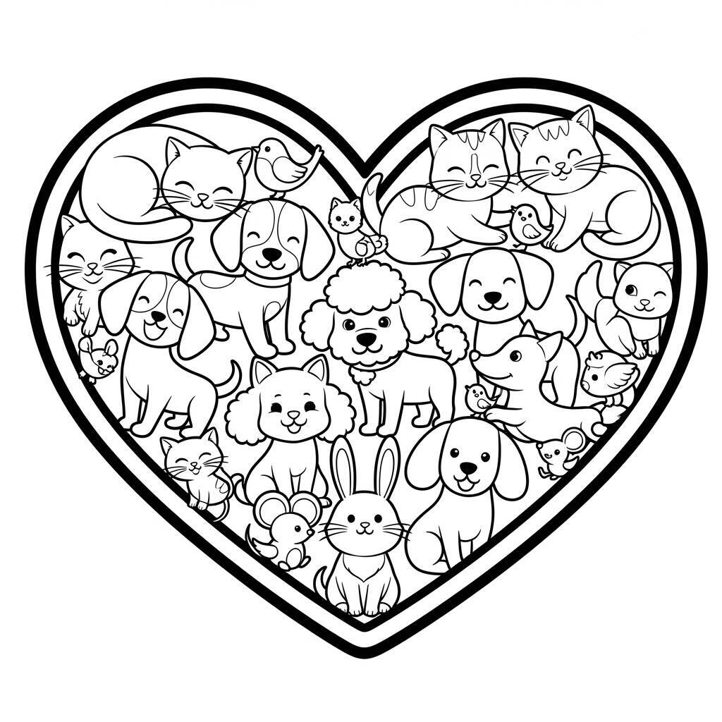 Coloriage coeur avec animaux