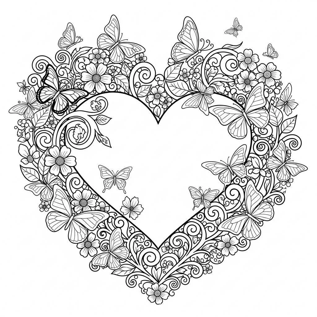 Desenho-de-Coracao-com-Borboletas-para-Colorir Desenho de Coração com Borboletas para Colorir