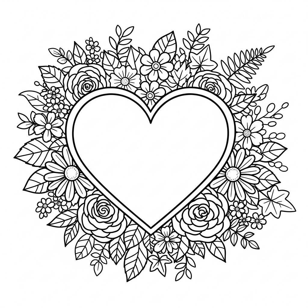 Desenho de Coração com Flores para Colorir
