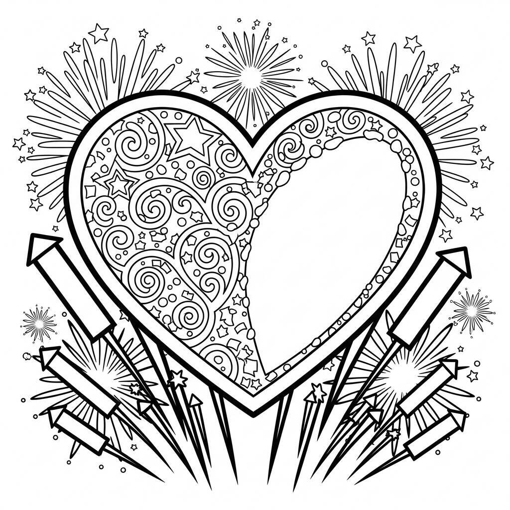 Coloriage Coeur avec feux d'artifice