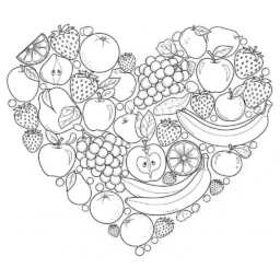 Desenho de Coração com Frutas para Colorir