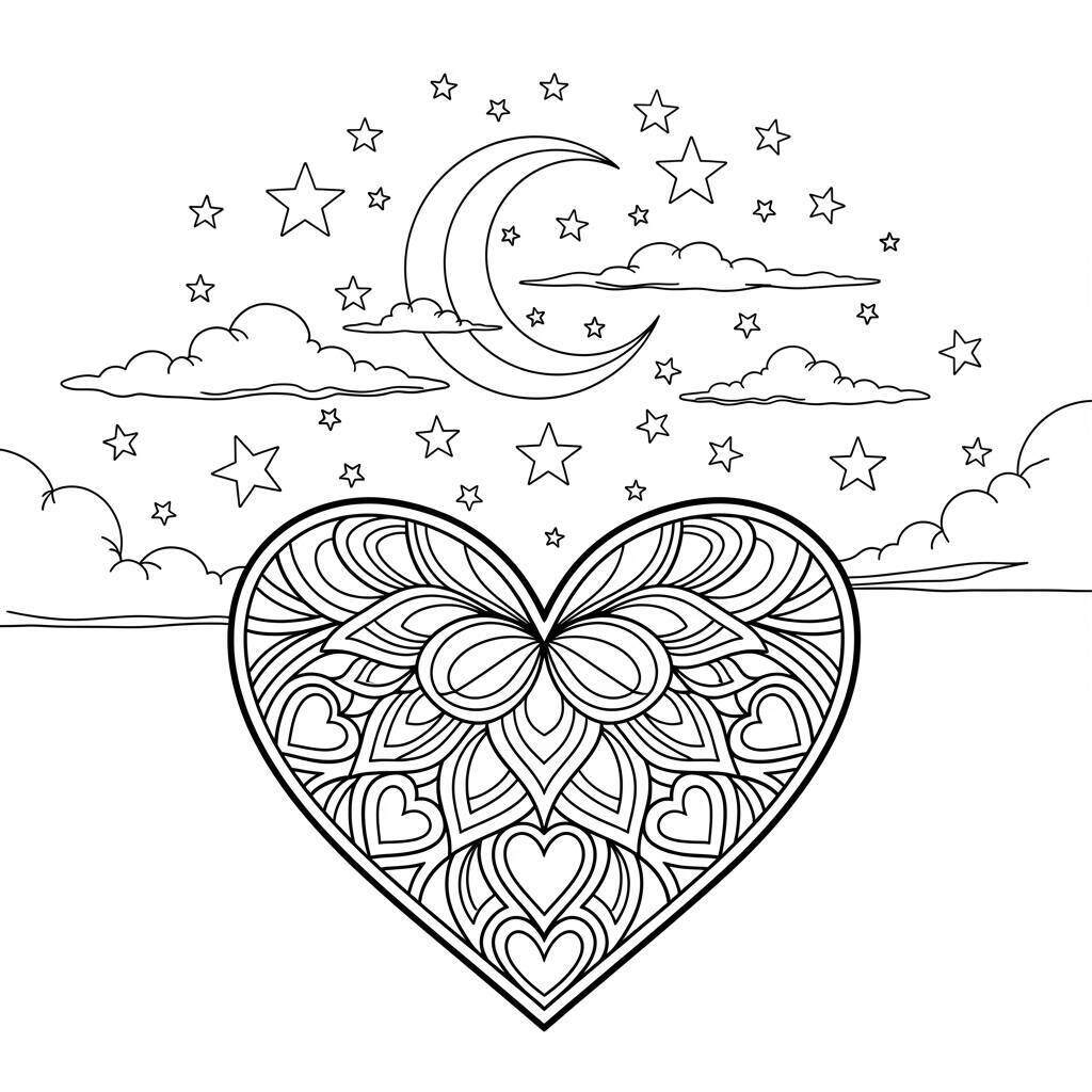 Coloriage Coeur avec clair de lune