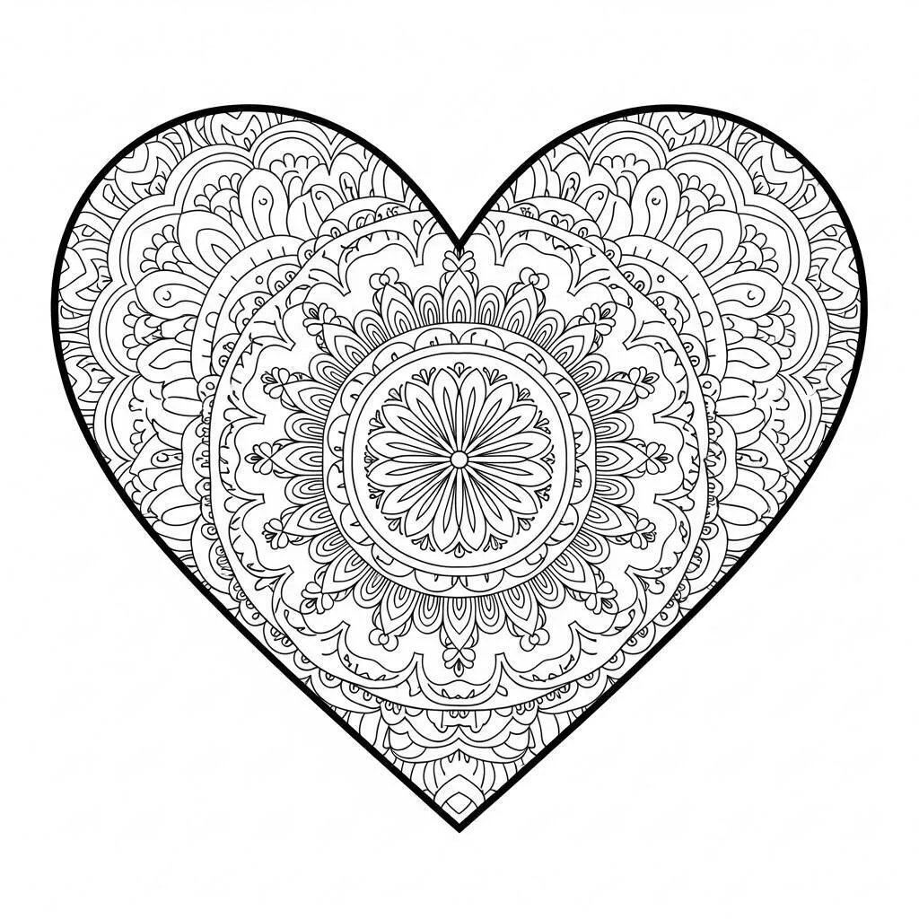 Desenho de Coração com Mandala para Colorir