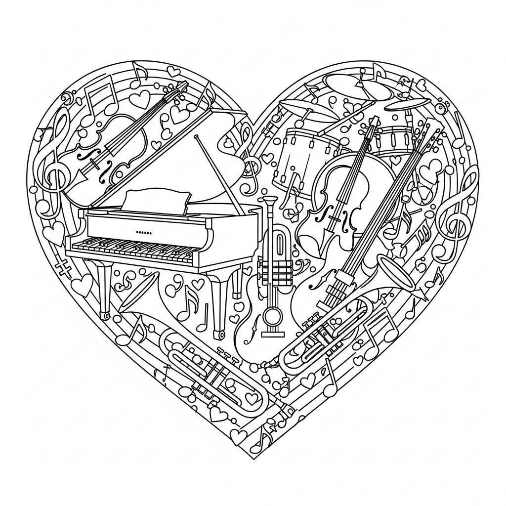 Desenho de Coração com Música para Colorir