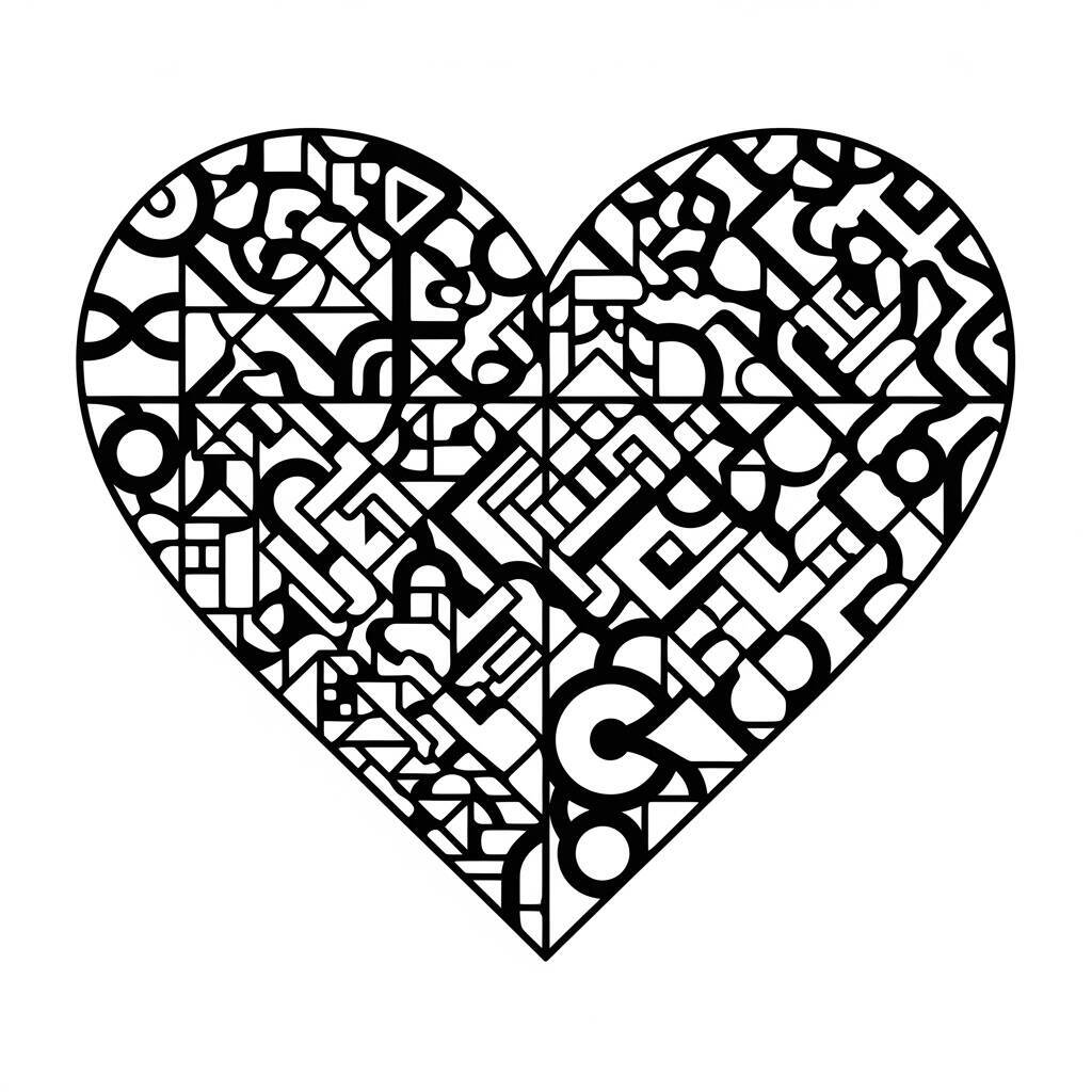 Dessin de coeur avec des motifs géométriques à colorier