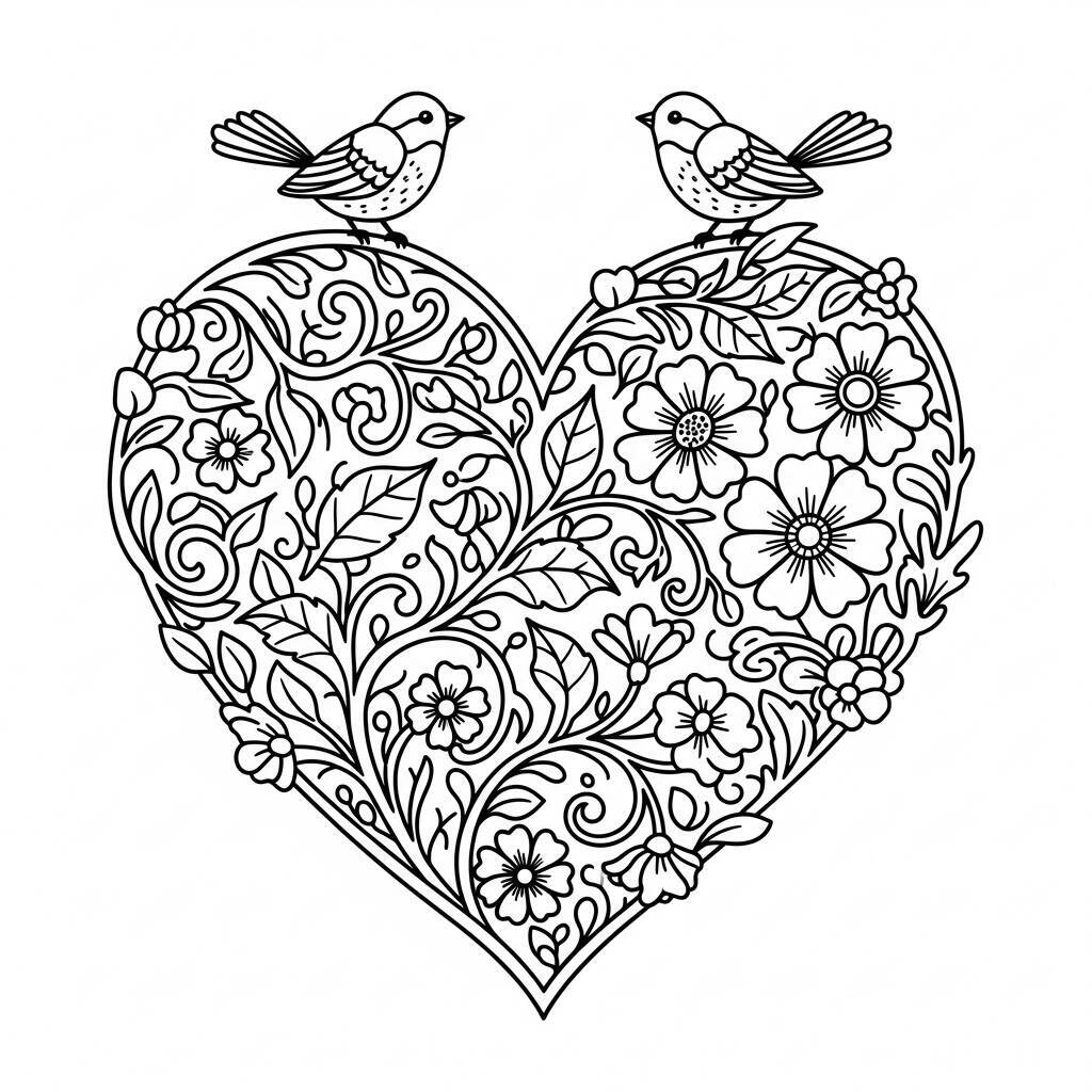Coloriage Coeur avec des oiseaux