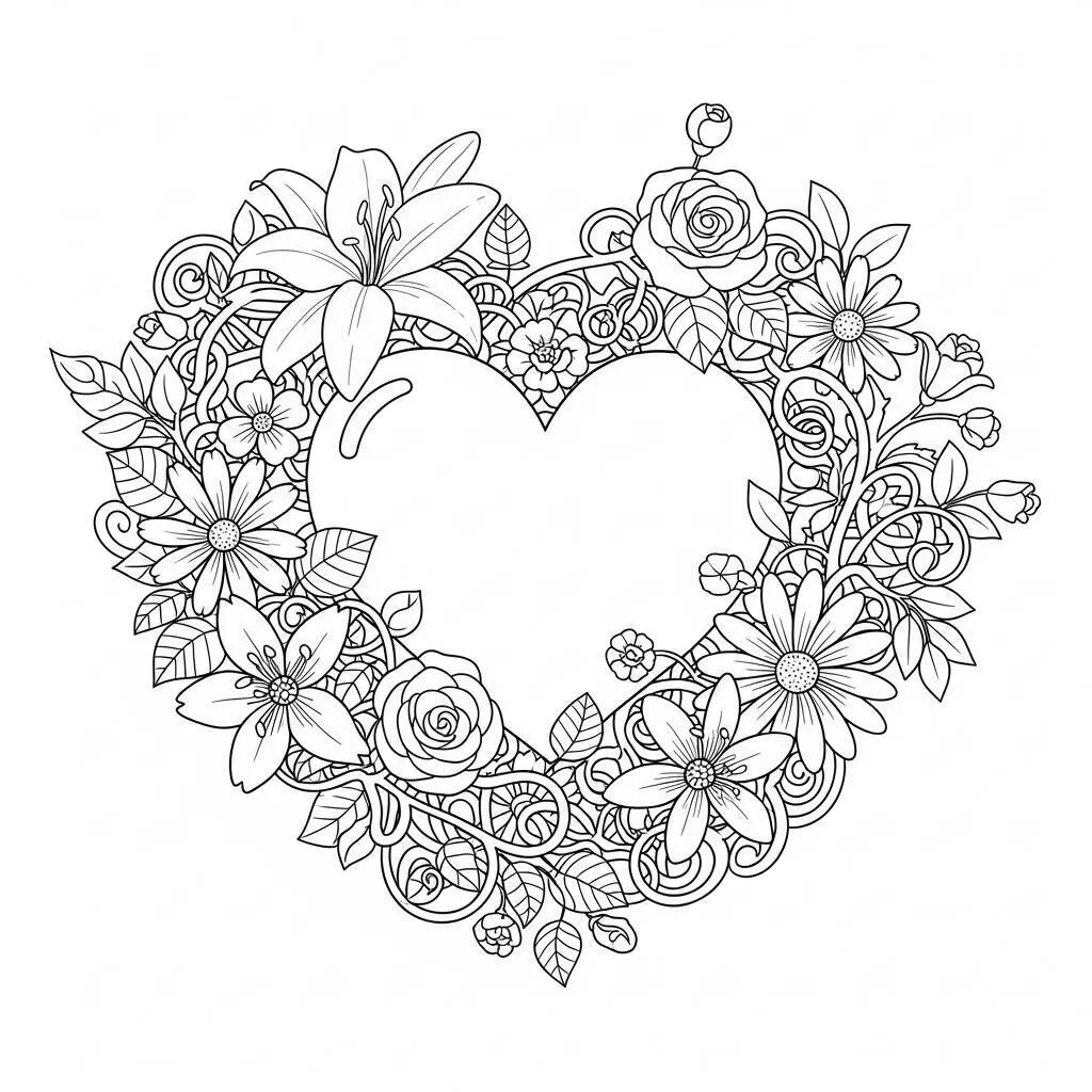 Desenho-de-Coracao-e-Flores-para-Colorir Desenho de Coração e Flores para Colorir