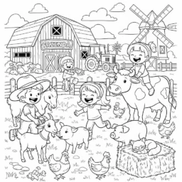 Coloriage Enfants jouant à la ferme