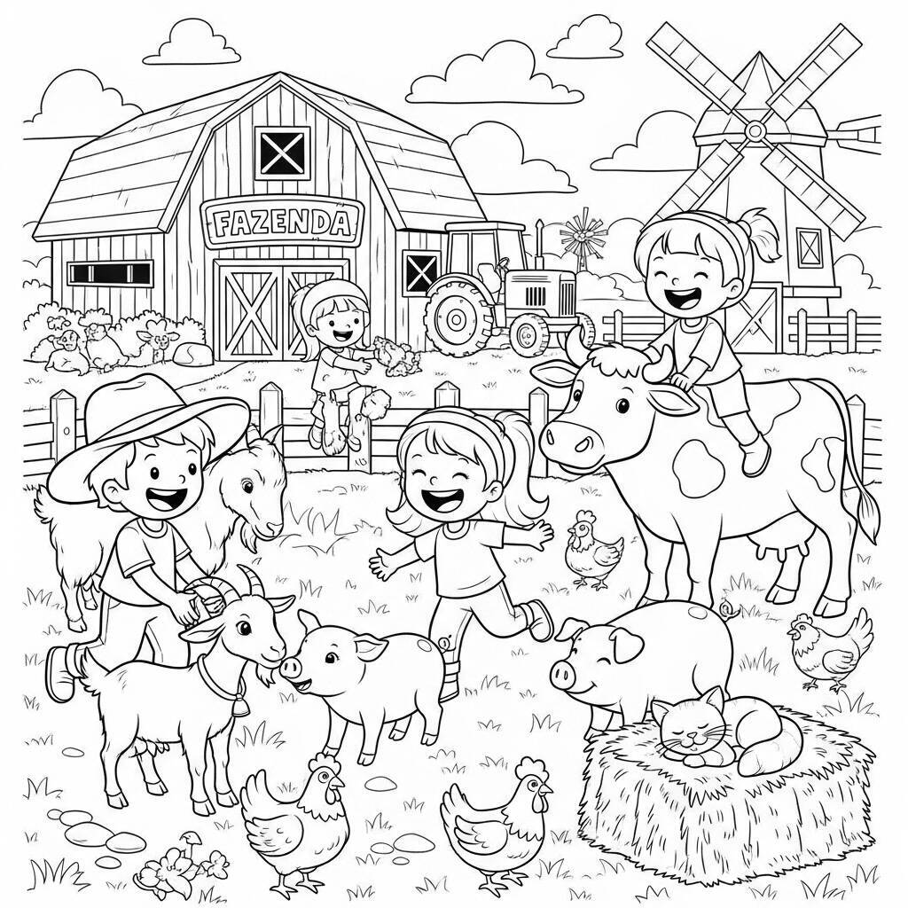 Desenho de Crianças Brincando na Fazenda para Colorir