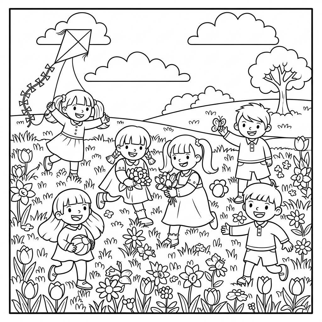 Desenho de Crianças Brincando na Primavera para Colorir