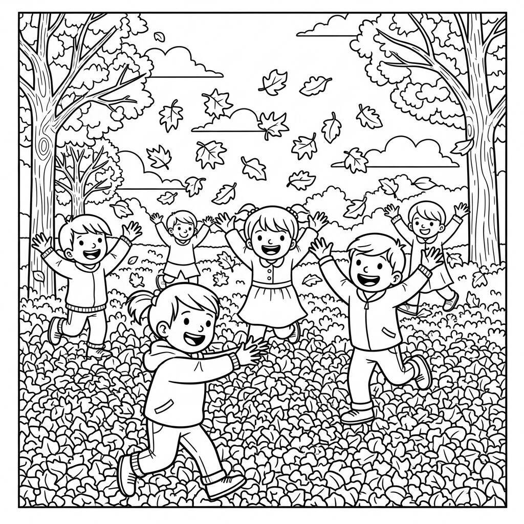 Coloriage Enfants jouant en automne