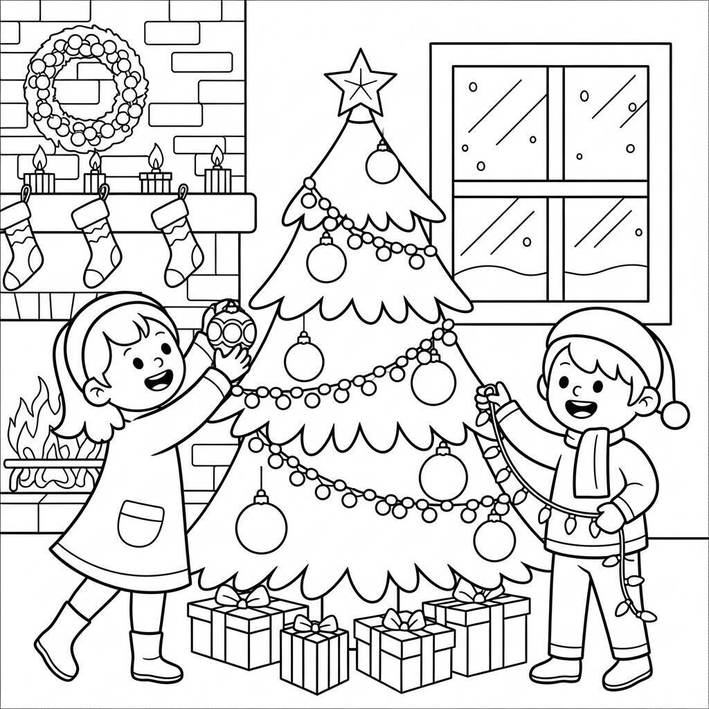 Desenho de Crianças Decorando a Árvore de Natal para Colorir