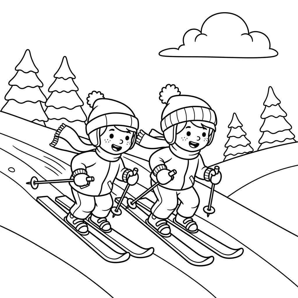 Desenho-de-Criancas-Esquiando-para-Colorir Desenho de Crianças Esquiando para Colorir