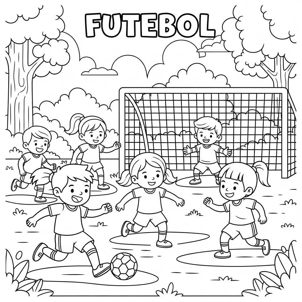 Desenho de Crianças Jogando Futebol para Colorir