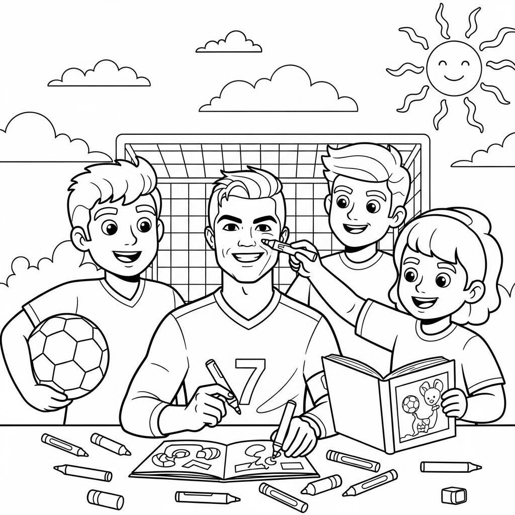 Desenho de Cristiano Ronaldo com Amigos para Colorir