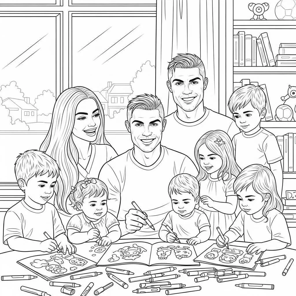 Desenho de Cristiano Ronaldo com a Família para Colorir