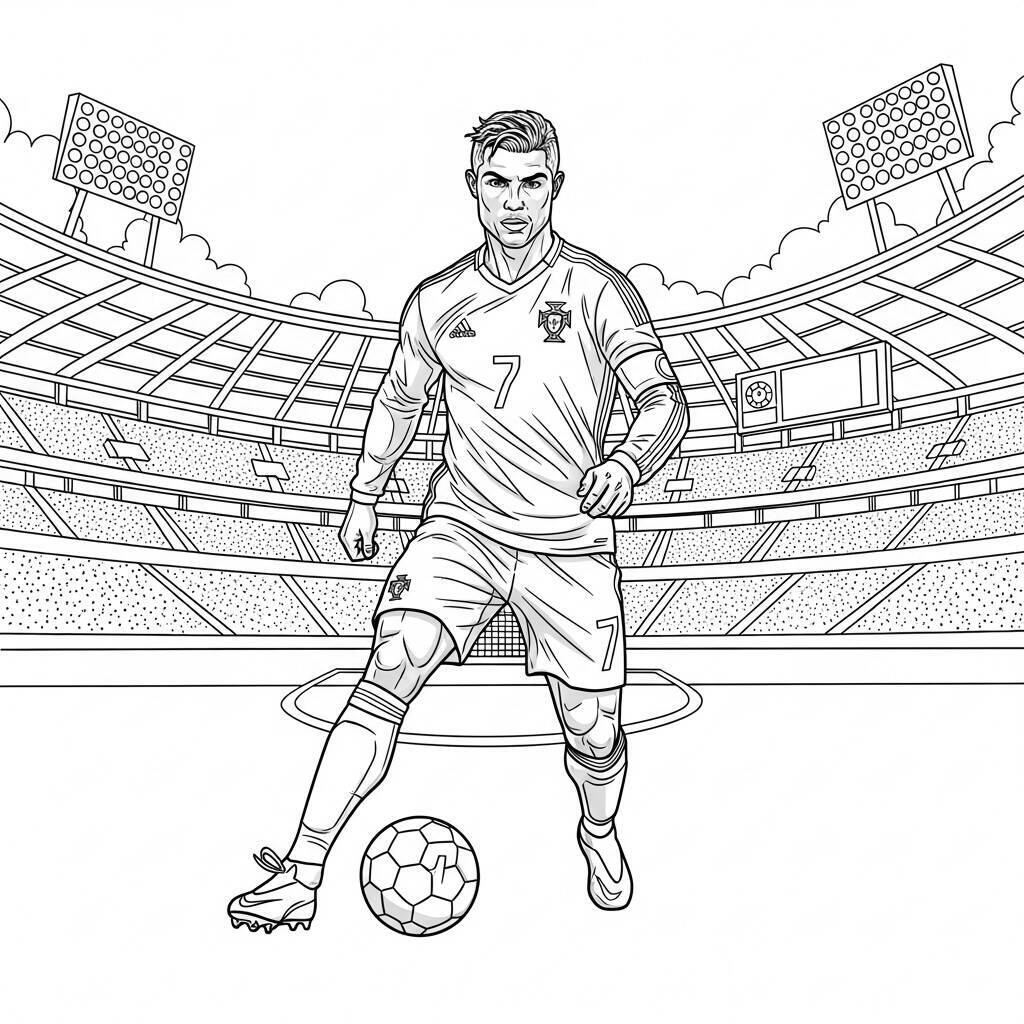 Desenho de Cristiano Ronaldo e Seu Estádio para Colorir