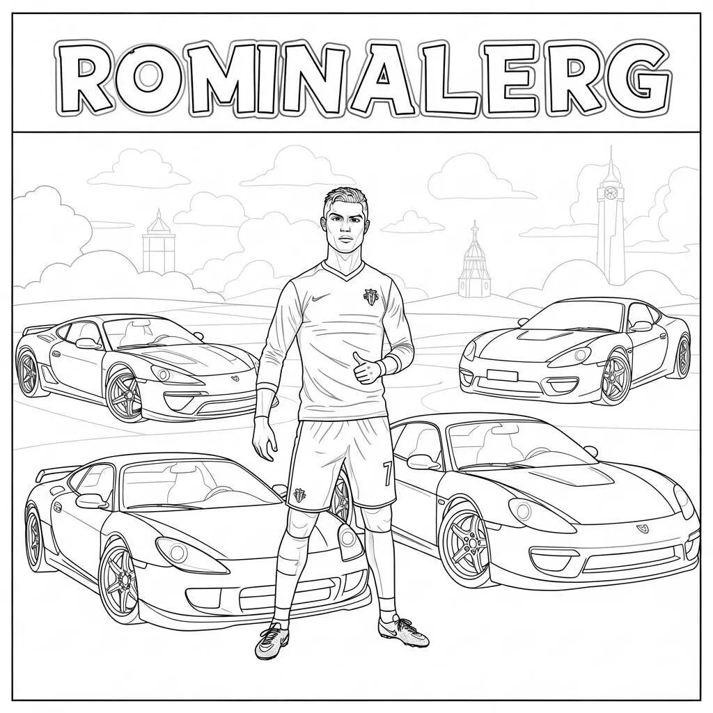 Desenho de Cristiano Ronaldo e Seus Carros para Colorir