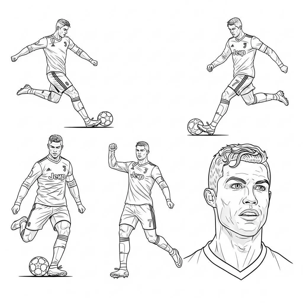 Desenho-de-Cristiano-Ronaldo-em-Diversas-Posicoes-para-Colorir Desenho de Cristiano Ronaldo em Diversas Posições para Colorir