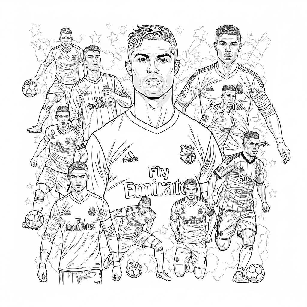 Desenho de Cristiano Ronaldo em Momentos Icônicos para Colorir