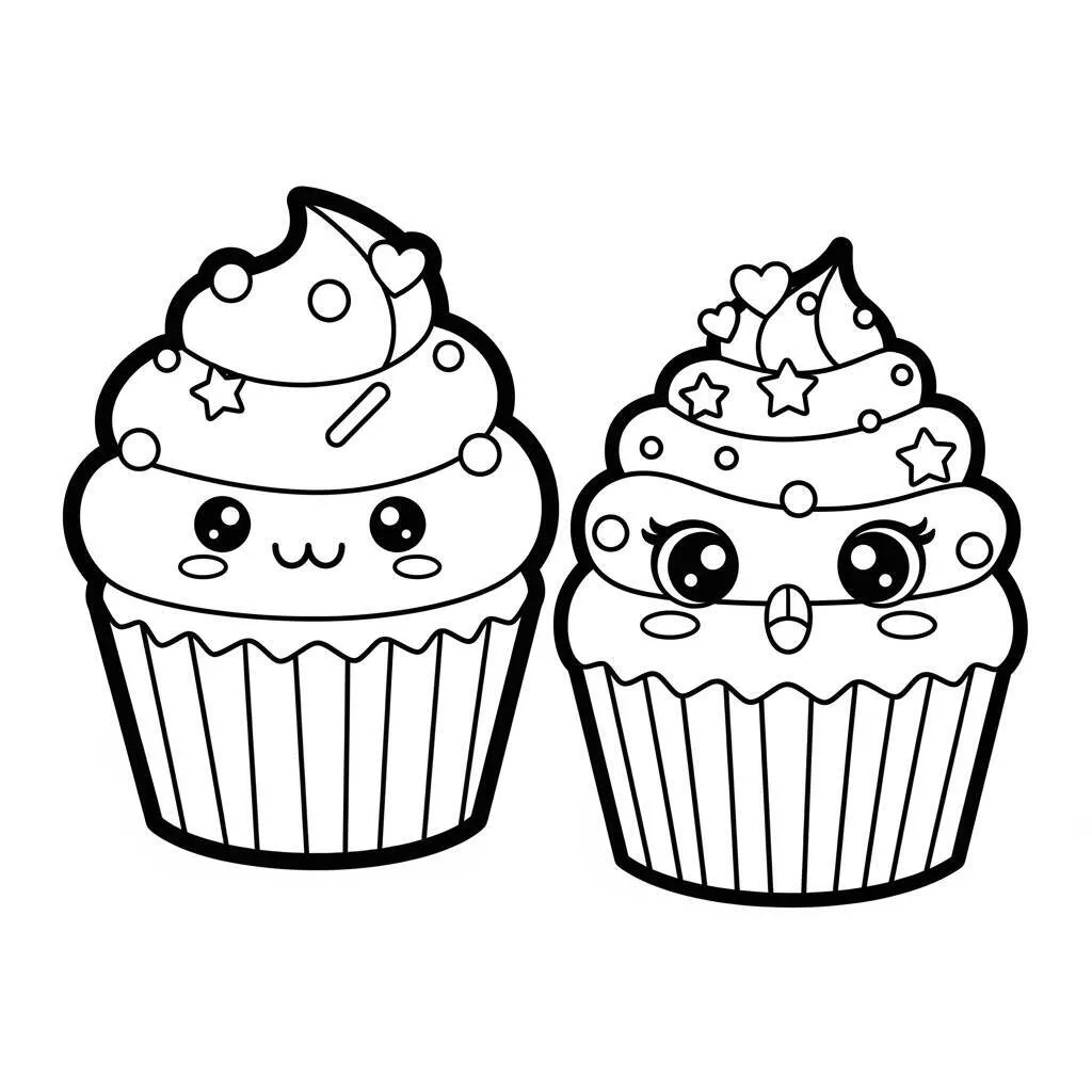 Desenho de Cupcakes Kawaii para Colorir