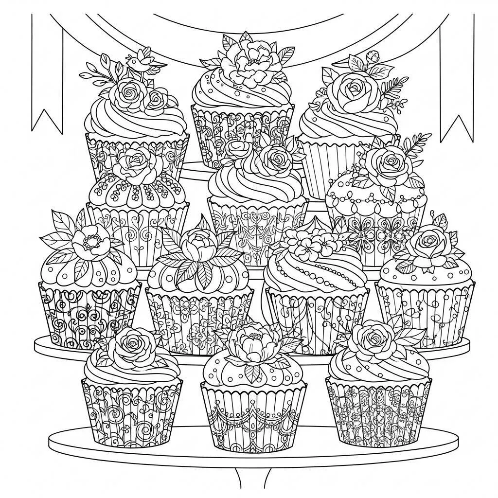 Desenho de Cupcakes de Casamento para Colorir