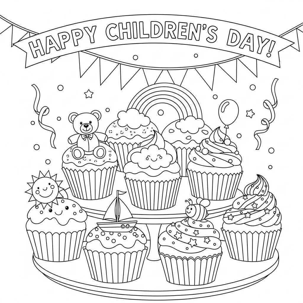 Desenho-de-Cupcakes-de-Dia-das-Criancas-para-Colorir Desenho de Cupcakes de Dia das Crianças para Colorir