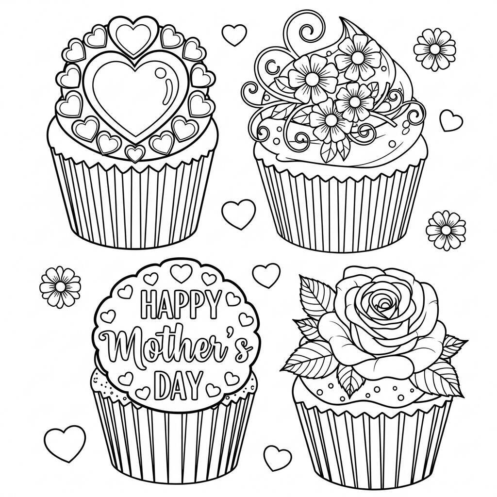 Desenho de Cupcakes de Dia das Mães para Colorir