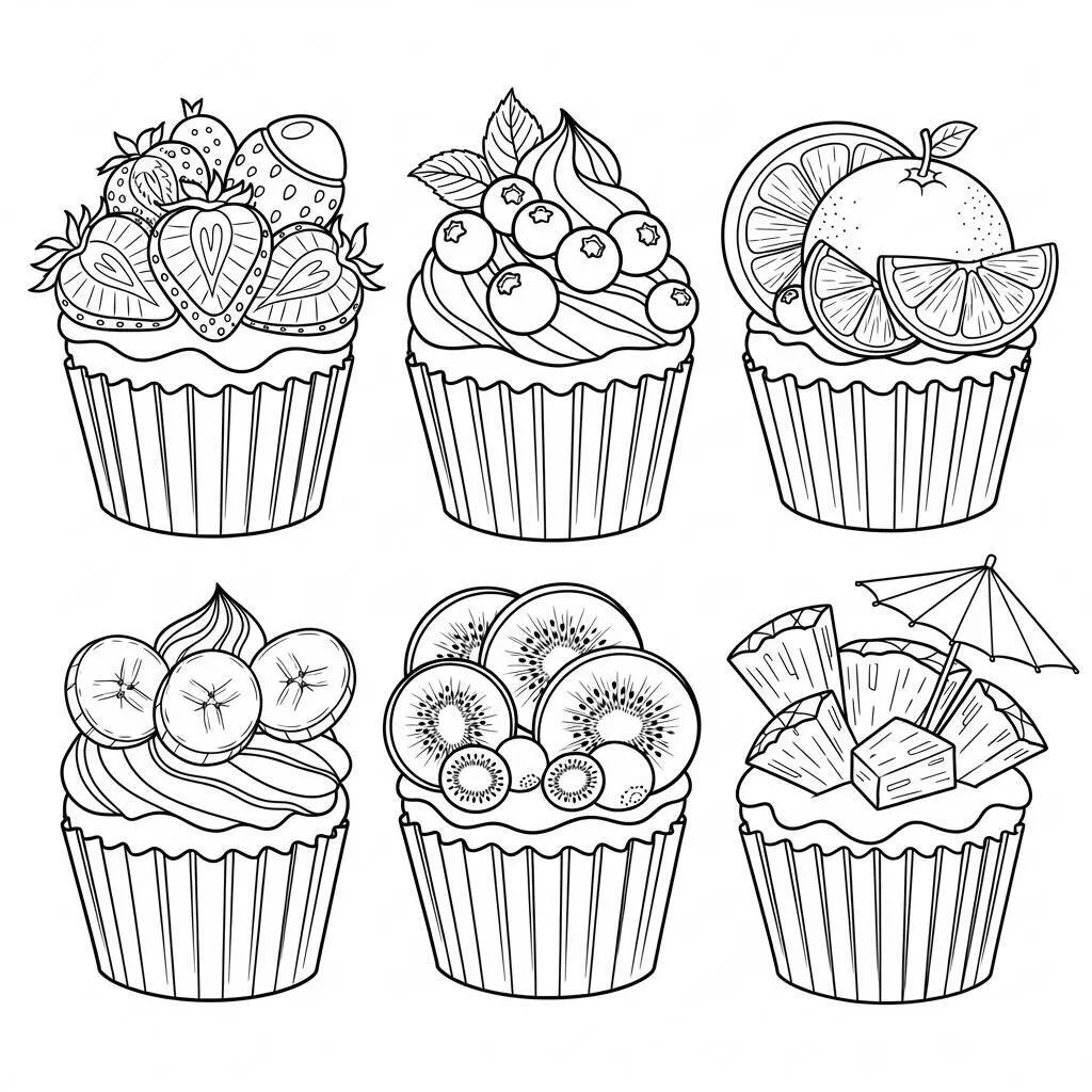 Desenho de Cupcakes de Frutas para Colorir