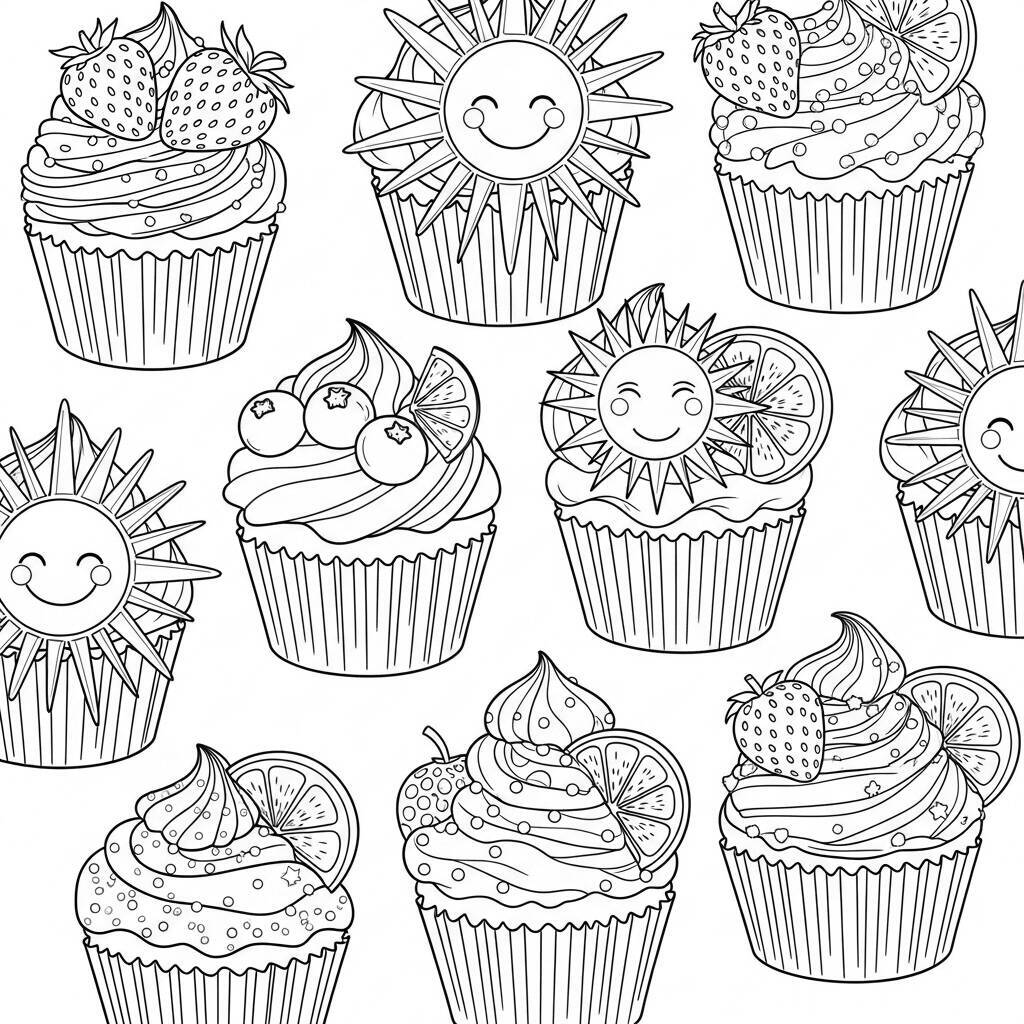 Desenho de Cupcakes de Verão para Colorir