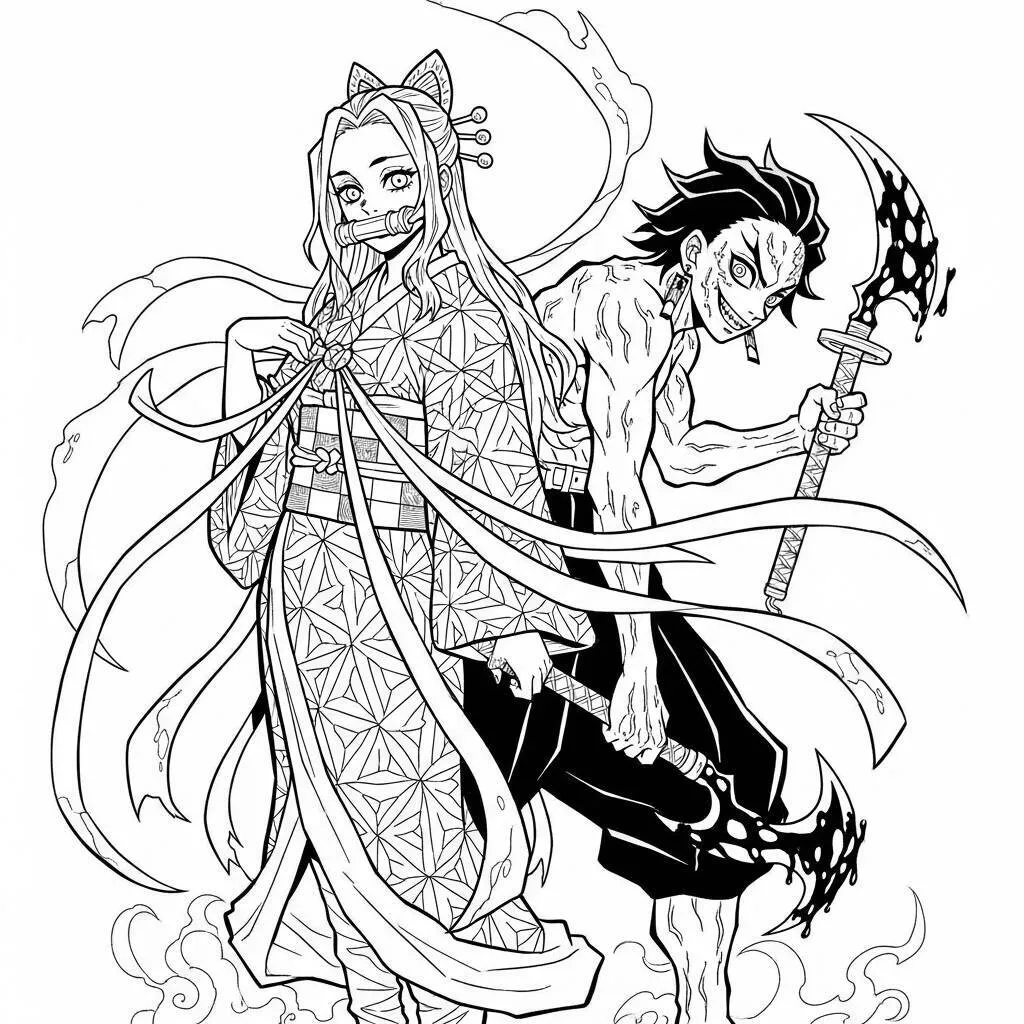 Desenho de Daki e Gyutaro para Colorir