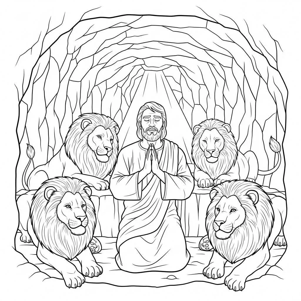 Desenho-de-Daniel-na-Cova-dos-Leoes-para-Colorir Desenho de Daniel na Cova dos Leões para Colorir