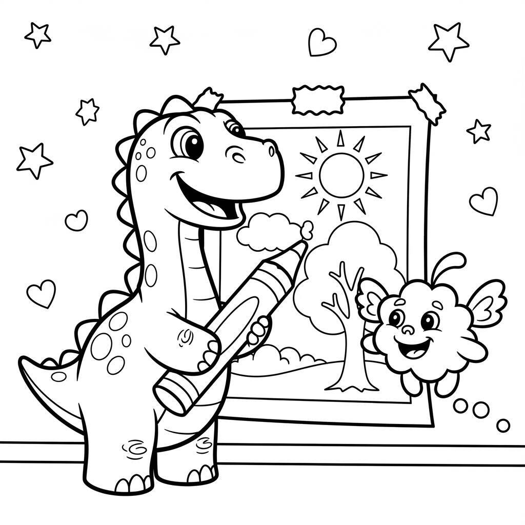 Desenho de Dinossauro com Amigo Imaginário para Colorir