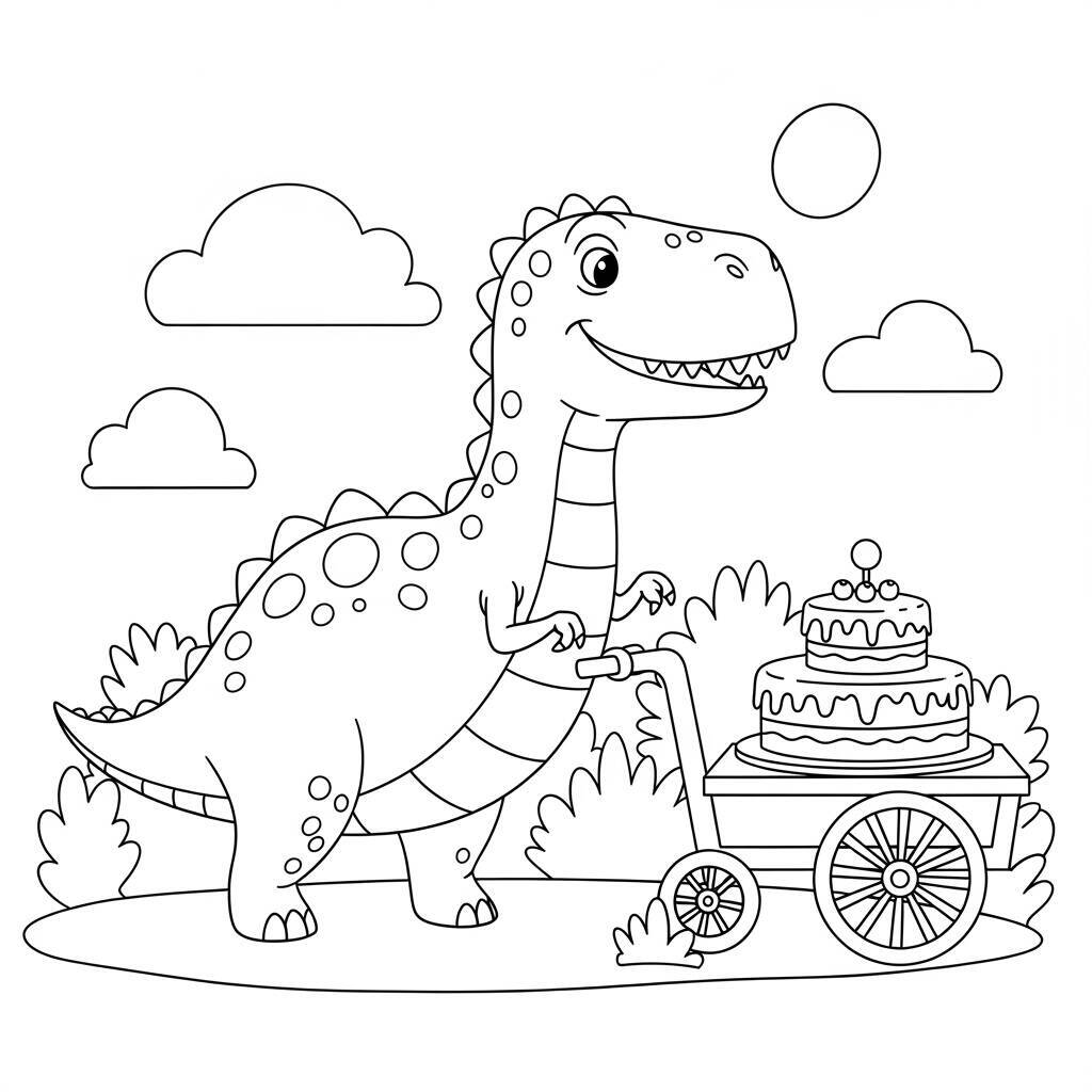 Desenho de Dinossauro com Carrinho de Bolo para Colorir