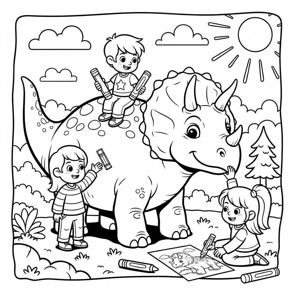 Desenho de Dinossauro com Crianças para Colorir
