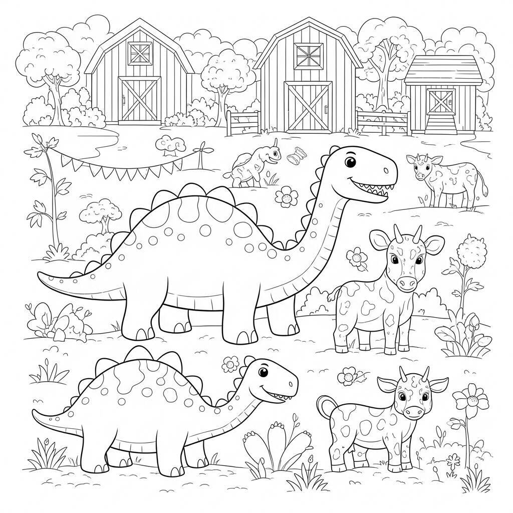 Desenho de Dinossauro e Animais da Fazenda para Colorir